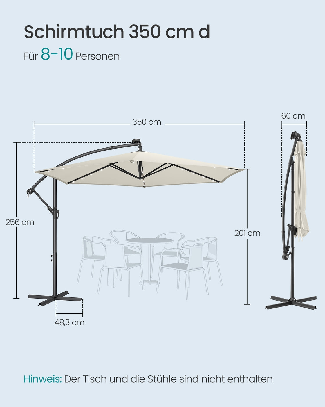 Großer Sonnenschirm 350cm - Mit LED-Beleuchtung - Für Terrasse Und Garten