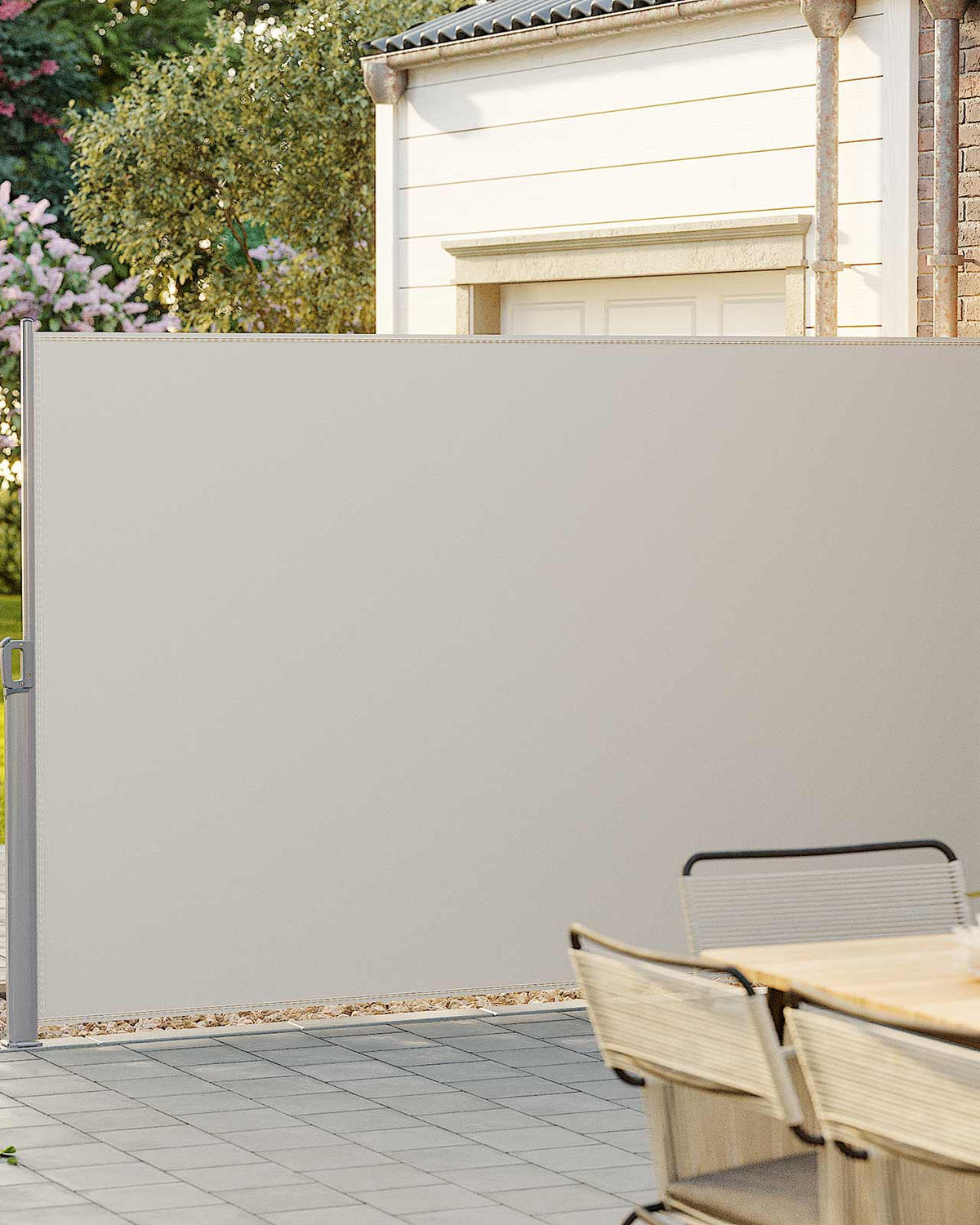 Ausziehbarer Gartensichtschutz – Windschutz – Sonnenschutz aus Edelstahl – Aluminium / Beige
