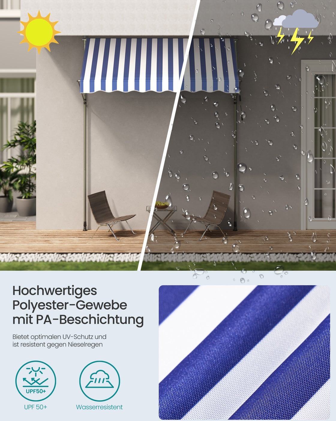 Klemmarkise 250x120 - Mit Handkurbel - Für Flexiblen Sonnenschutz Auf Dem Balkon