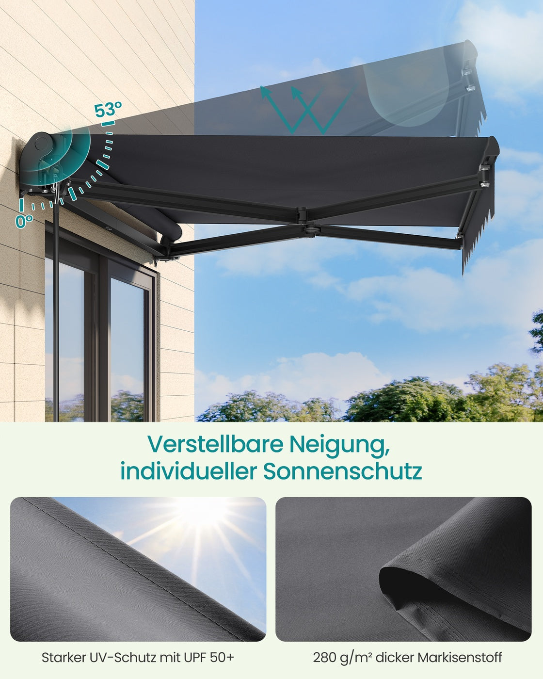 Auslegermarkise – Mit Kurbel – Neigungswinkel verstellbar – UV-Schutz 50+ – Für Balkon oder Terrasse