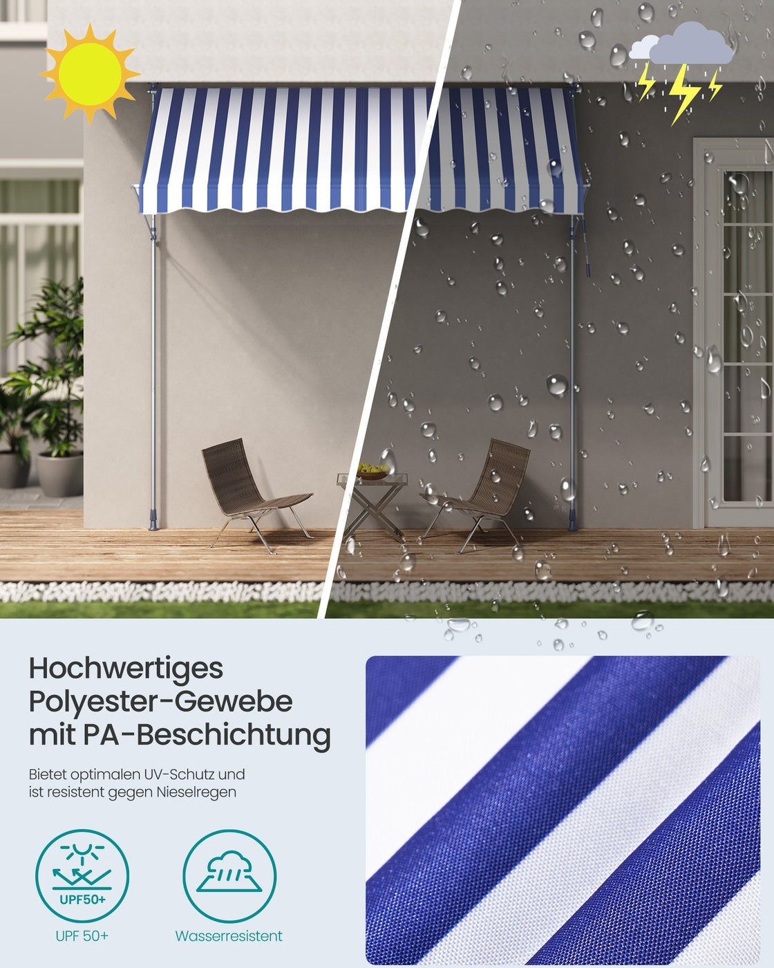 Klemmarkise 300x120 - Mit Handkurbel - Für Flexiblen Sonnenschutz Auf Balkon Oder Terrasse