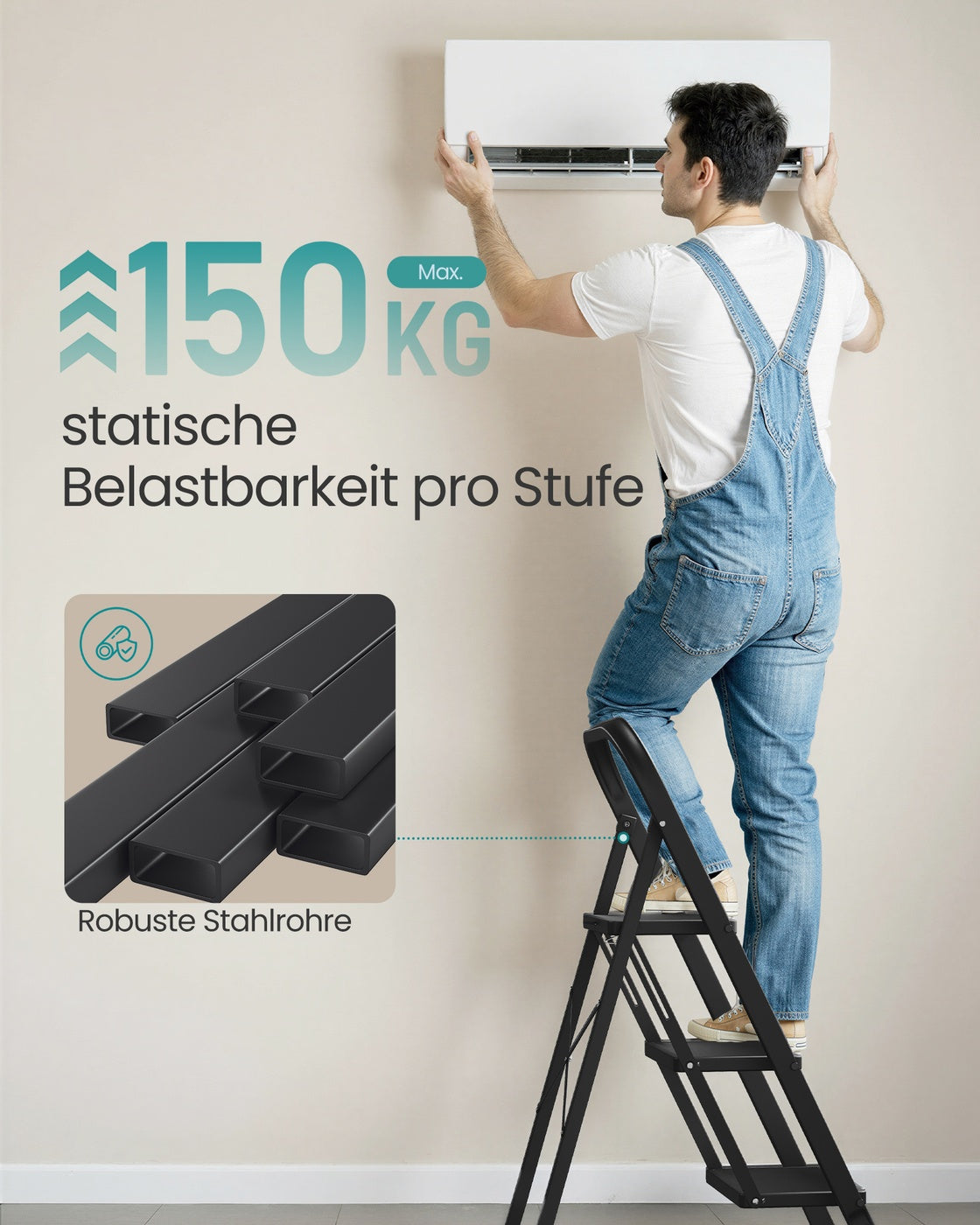 Trittleiter Mit 3 Stufen - Klappbar Mit Sicherheitsverriegelung - Für Haus Und Schuppen