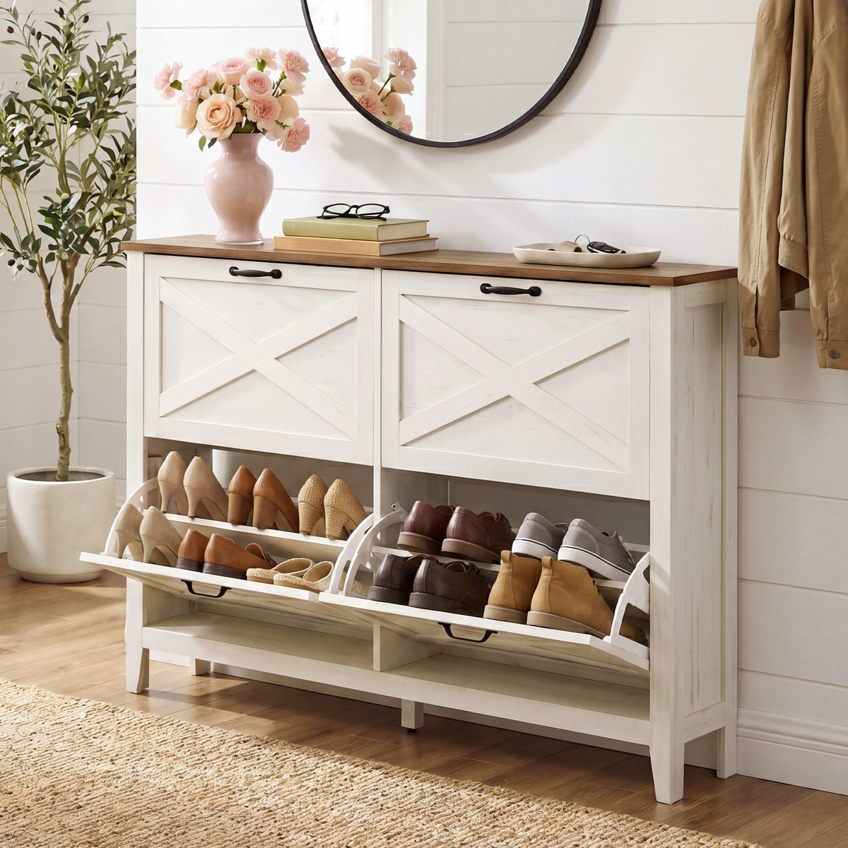 Schuhschrank Mit 4 Klappfächern - Schmal Und Freistehend - Für Flur Und Eingangsbereich
