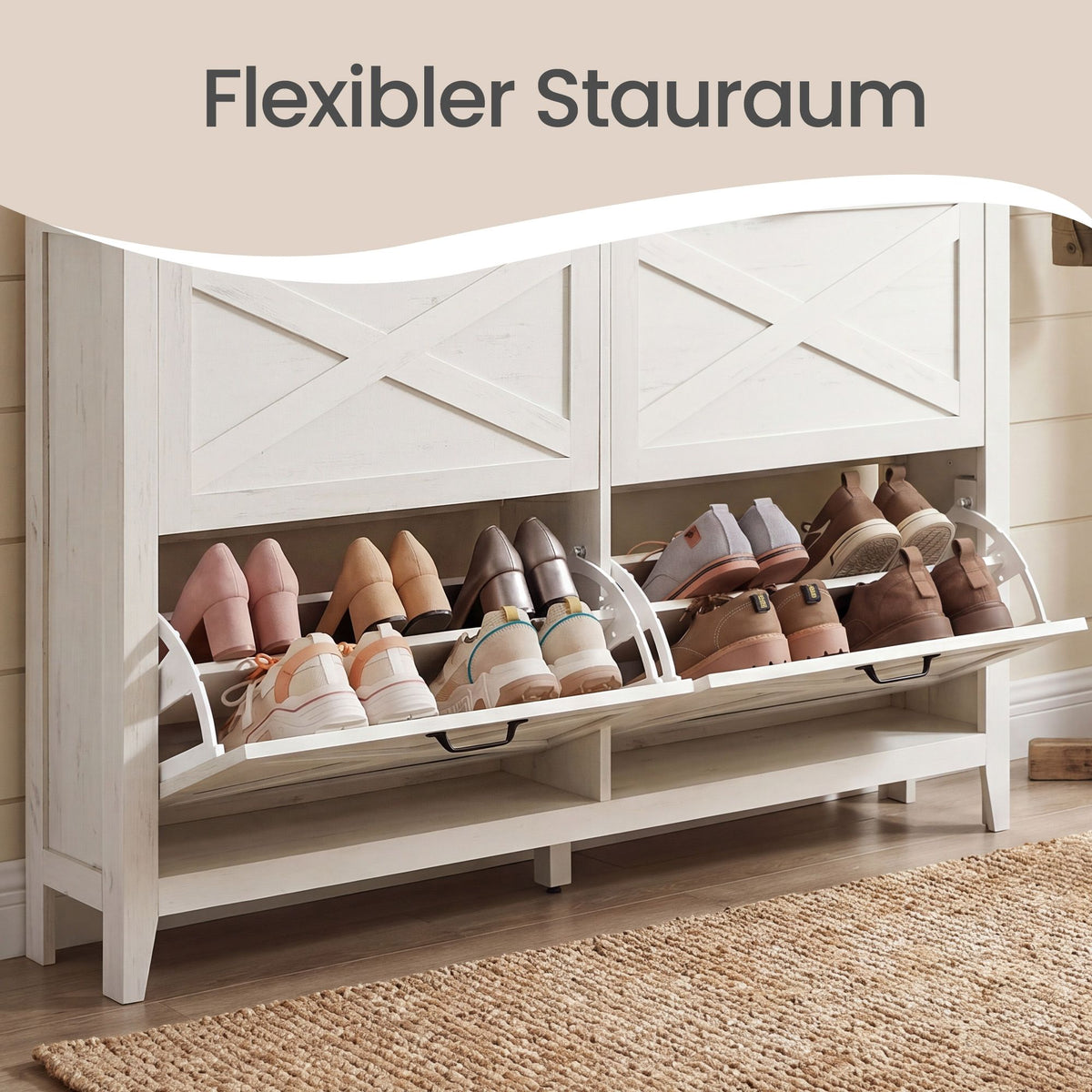 Schuhschrank Mit 4 Klappfächern - Schmal Und Freistehend - Für Flur Und Eingangsbereich