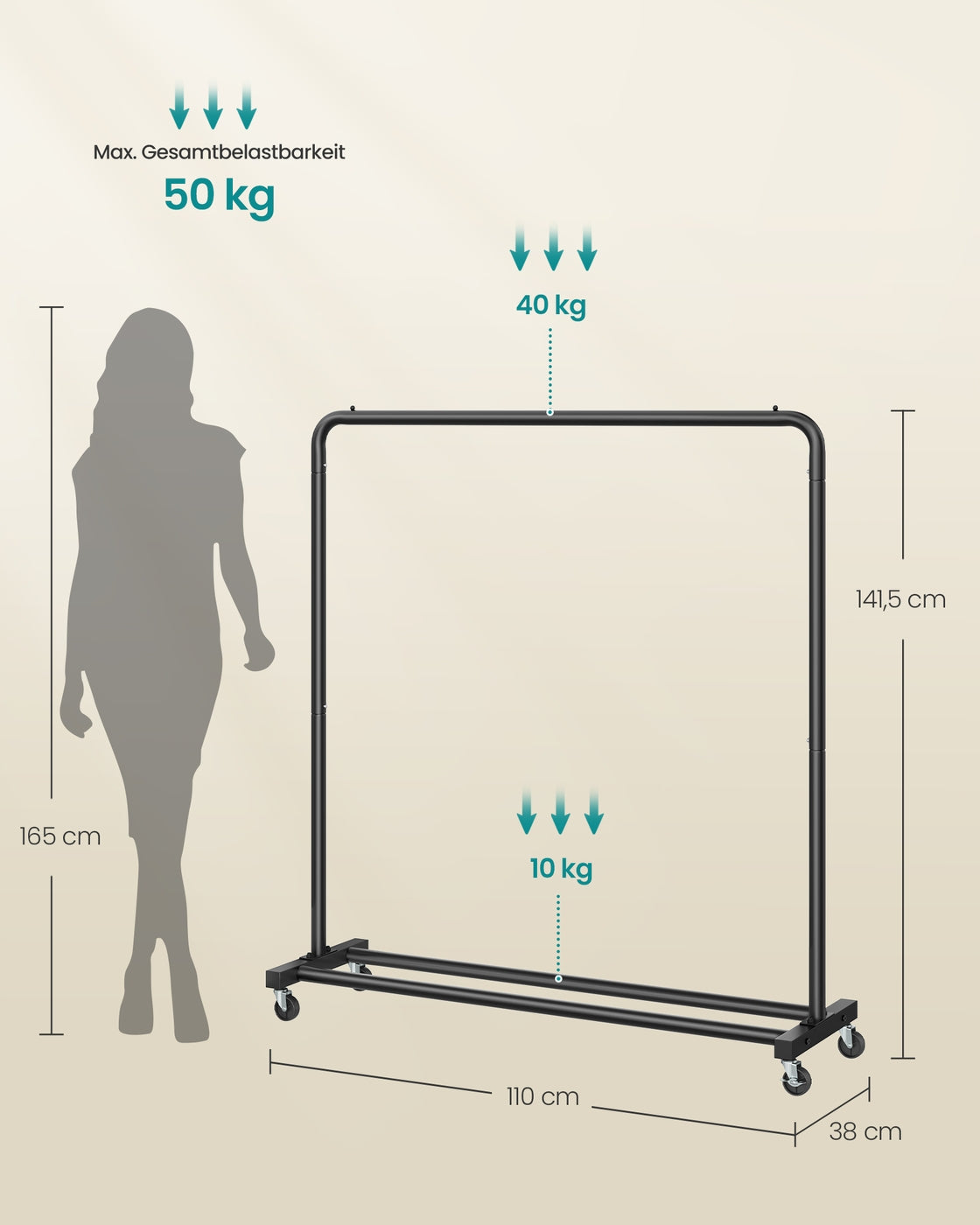 Kleiderständer – Kleiderstange auf Rollen – Stahl – Tragkraft bis 50 kg