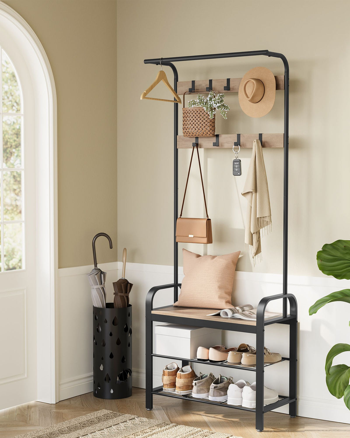 Garderobe mit Schuhregal & Sitzbank – Industriedesign Holz & Metall – 9 Haken + Kleiderstange – Flurmöbel