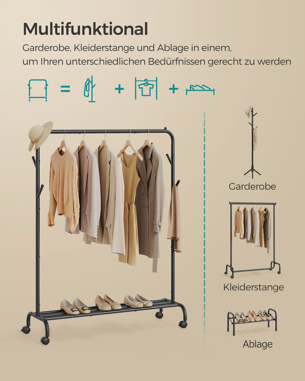 Mobiler Kleiderständer mit Rollen – Vielseitiges Design – Kaktushaken