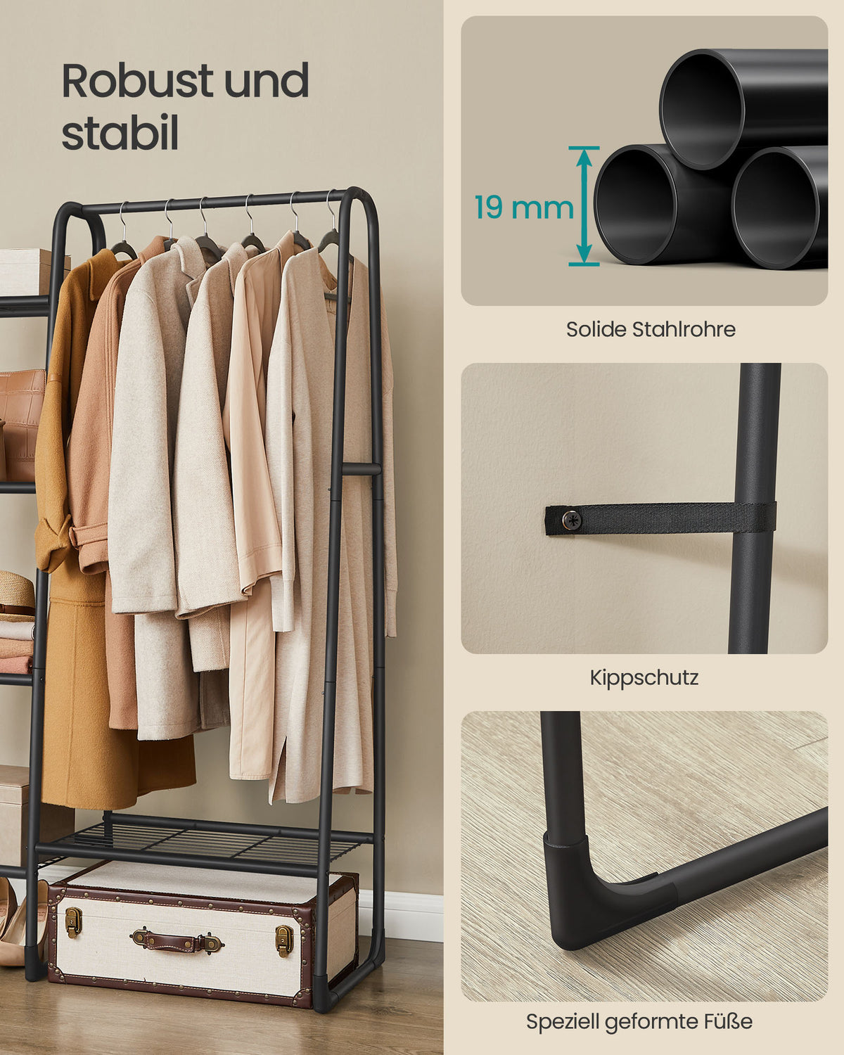 Kleiderständer – 5 Ablagen – Stahlrahmen – Maximale Tragkraft 70 kg – 40 x 101,7 x 153,3 cm