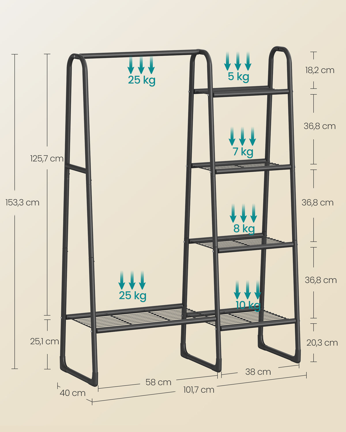 Kleiderständer – 5 Ablagen – Stahlrahmen – Maximale Tragkraft 70 kg – 40 x 101,7 x 153,3 cm