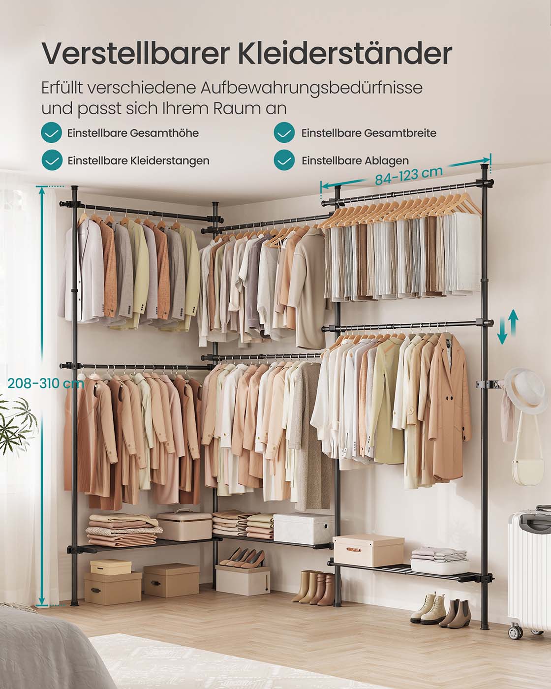 Kleiderständer – Ausziehbar – 6 Stangen – 3 Böden – Stahl – Max. Belastung 137,5 kg