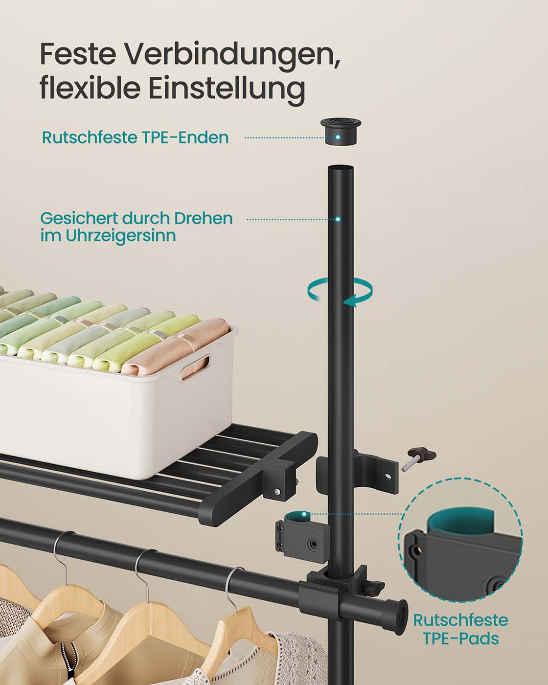Kleiderständer – Ausziehbar – 6 Stangen – 3 Böden – Stahl – Max. Belastung 137,5 kg