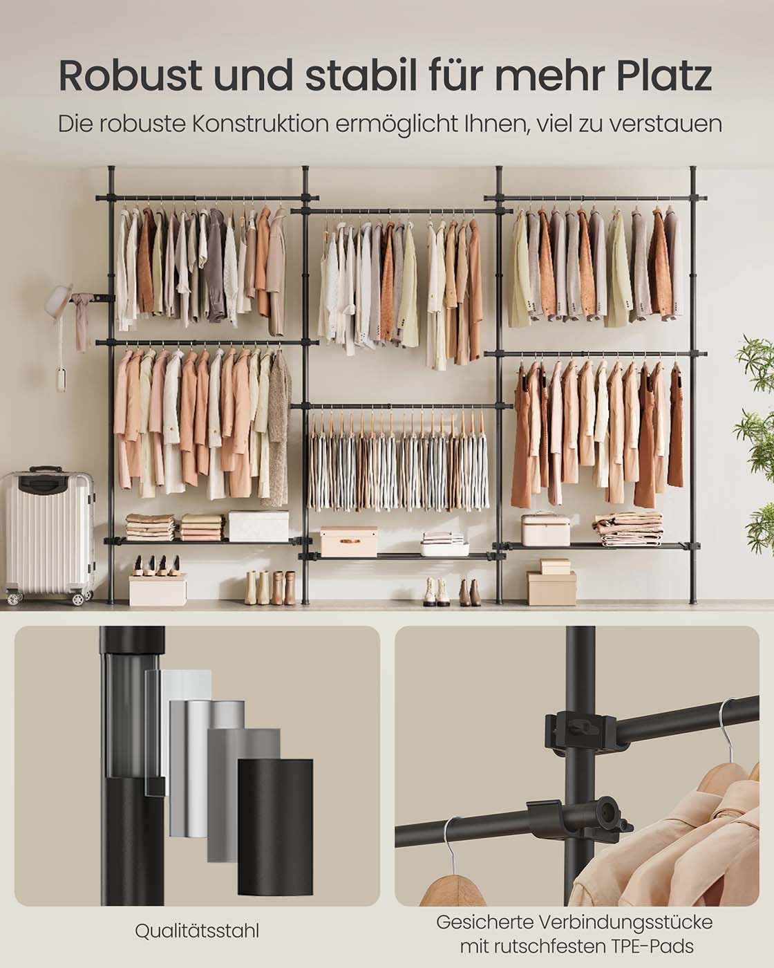 Kleiderständer – Ausziehbar – 6 Stangen – 3 Böden – Stahl – Max. Belastung 137,5 kg