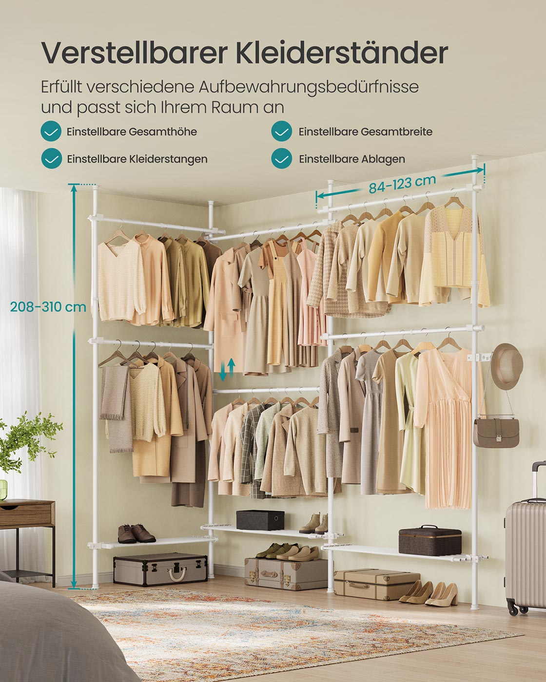 Kleiderständer ausziehbar bis zur Decke – verstellbare Garderobe – doppelte Stange und Ablagefach