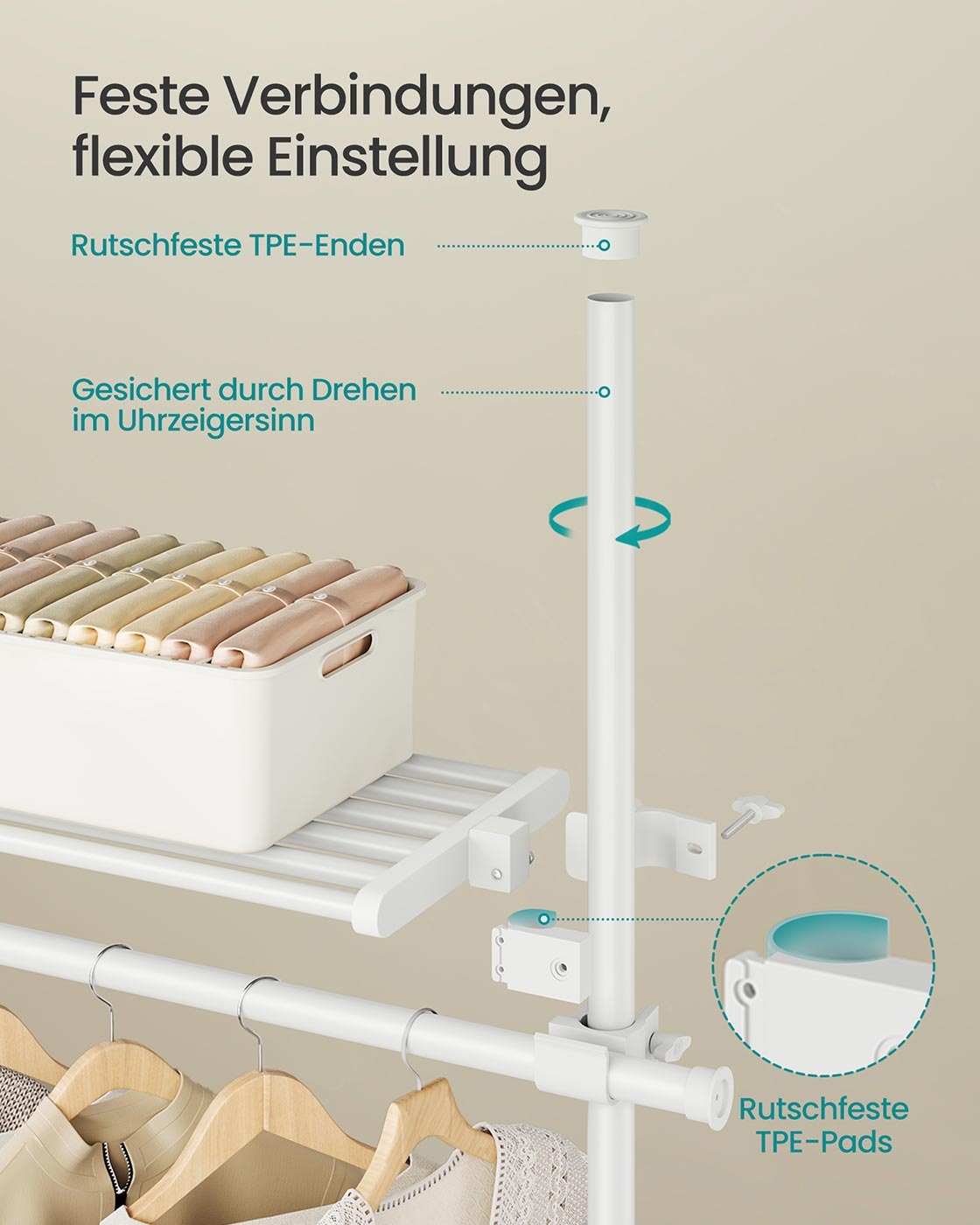 Kleiderständer ausziehbar bis zur Decke – verstellbare Garderobe – doppelte Stange und Ablagefach