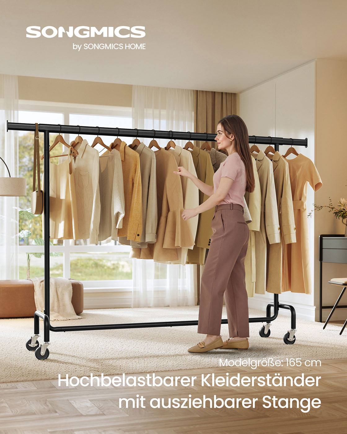Ausziehbarer Kleiderständer auf Rollen – verchromter Stahl – 160-200 cm breit – bis 110 kg belastbar