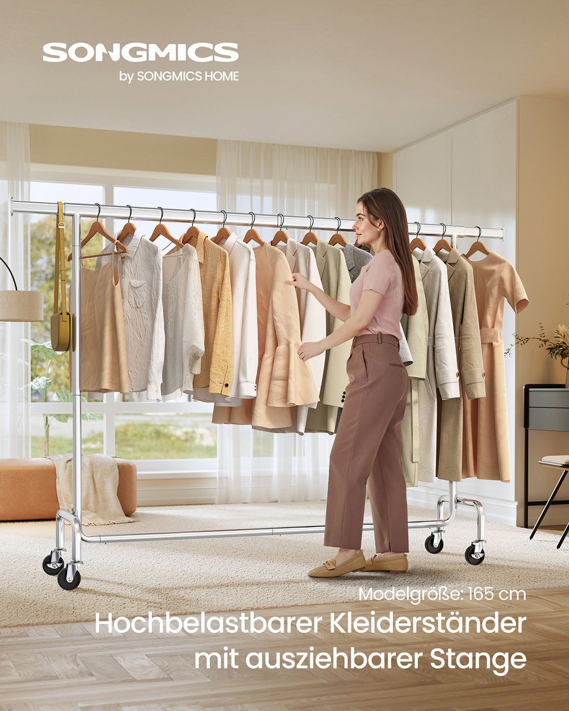 Ausziehbarer Kleiderständer auf Rollen – verchromter Stahl – 160-200 cm breit – bis 110 kg belastbar