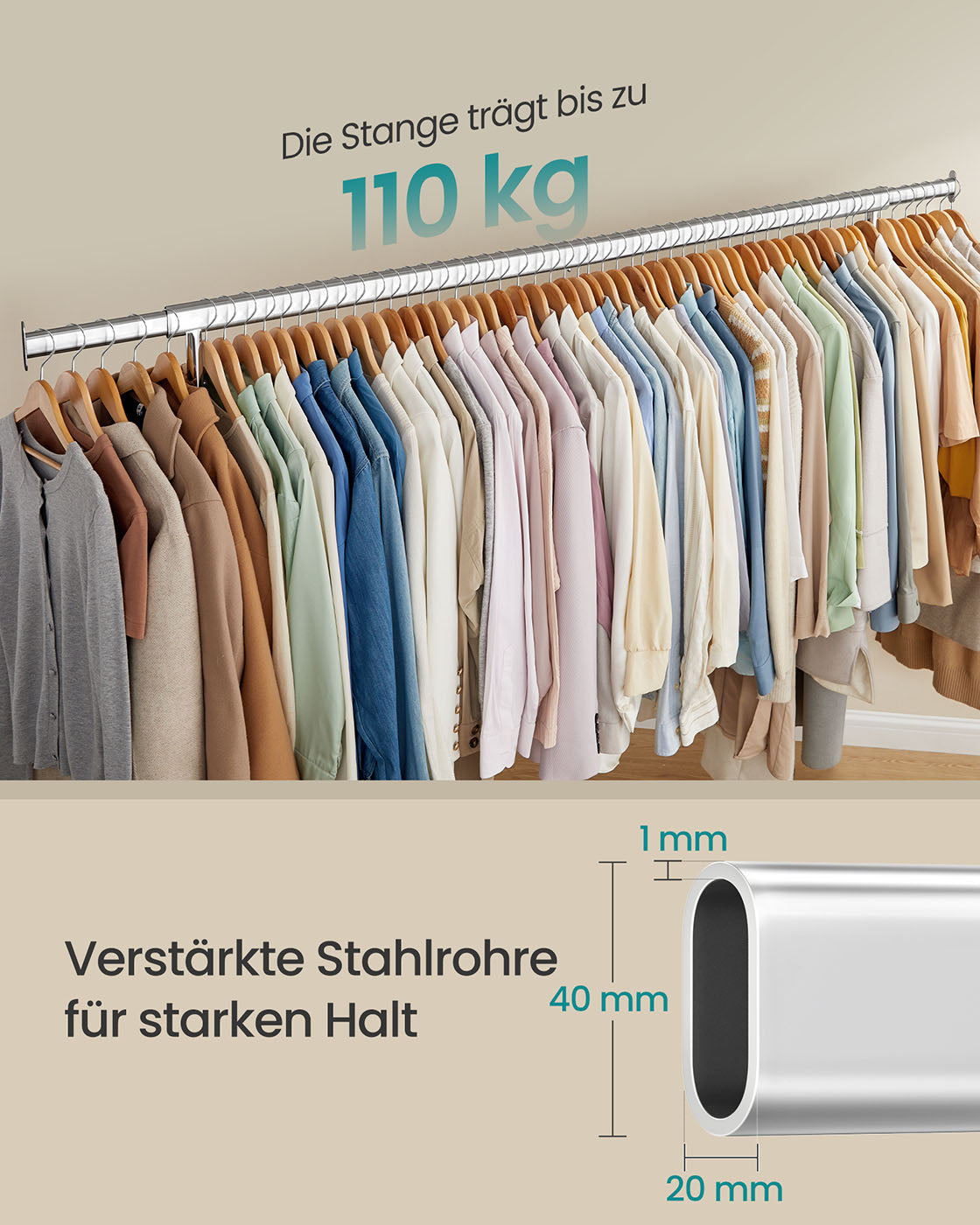 Ausziehbarer Kleiderständer auf Rollen – verchromter Stahl – 160-200 cm breit – bis 110 kg belastbar
