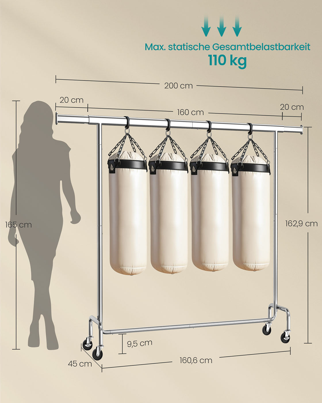 Ausziehbarer Kleiderständer auf Rollen – verchromter Stahl – 160-200 cm breit – bis 110 kg belastbar