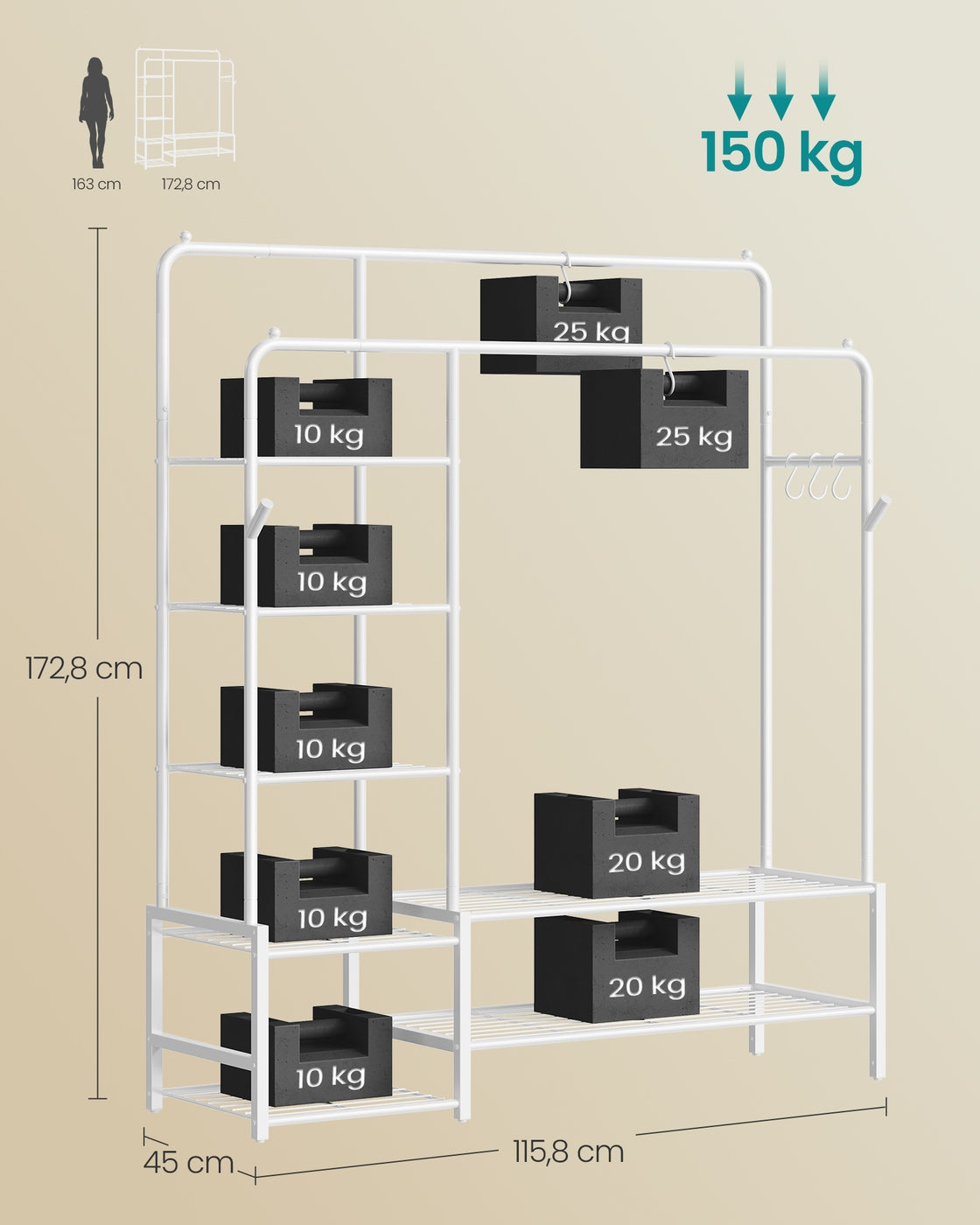 Kleiderschrank – Offenes Kleiderregal – Metallrahmen – 7 Böden – Tragkraft 150 kg