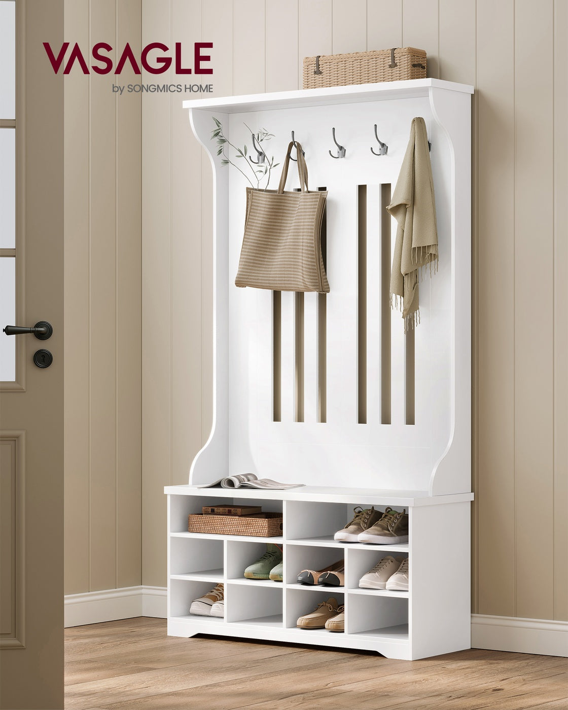 Garderobe mit Schuhbank – Kleiderschrank mit Bank und verstellbaren Einlegeböden – mit Haken – platzsparendes Design
