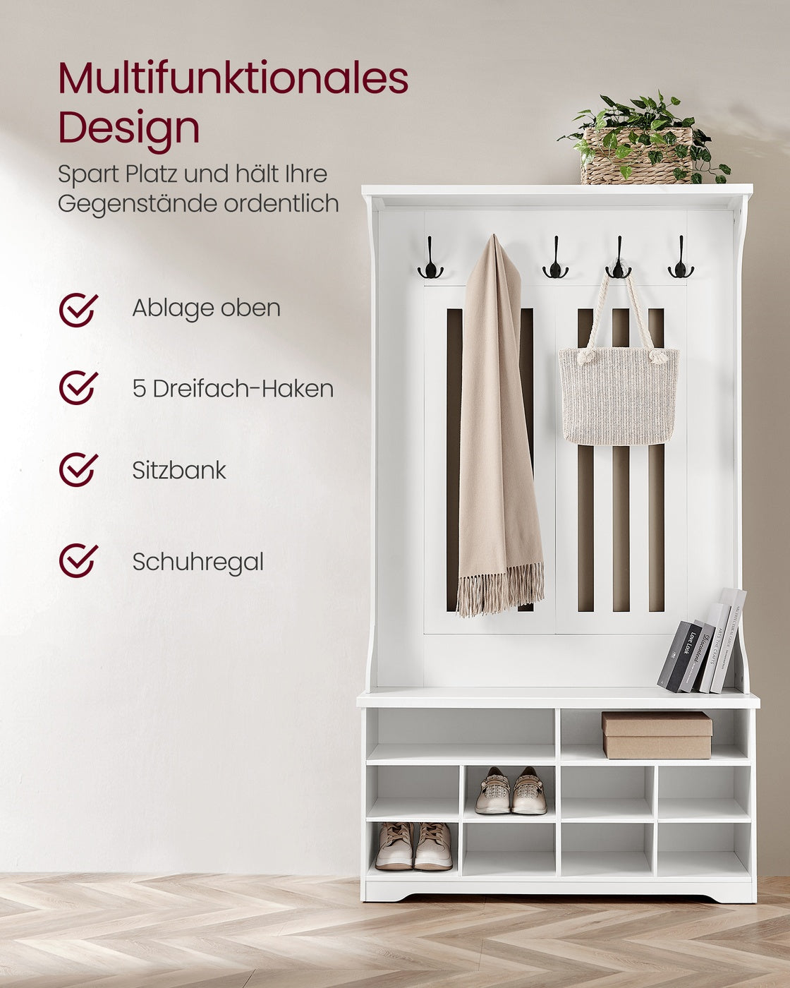 Garderobe mit Schuhbank – Kleiderschrank mit Bank und verstellbaren Einlegeböden – mit Haken – platzsparendes Design