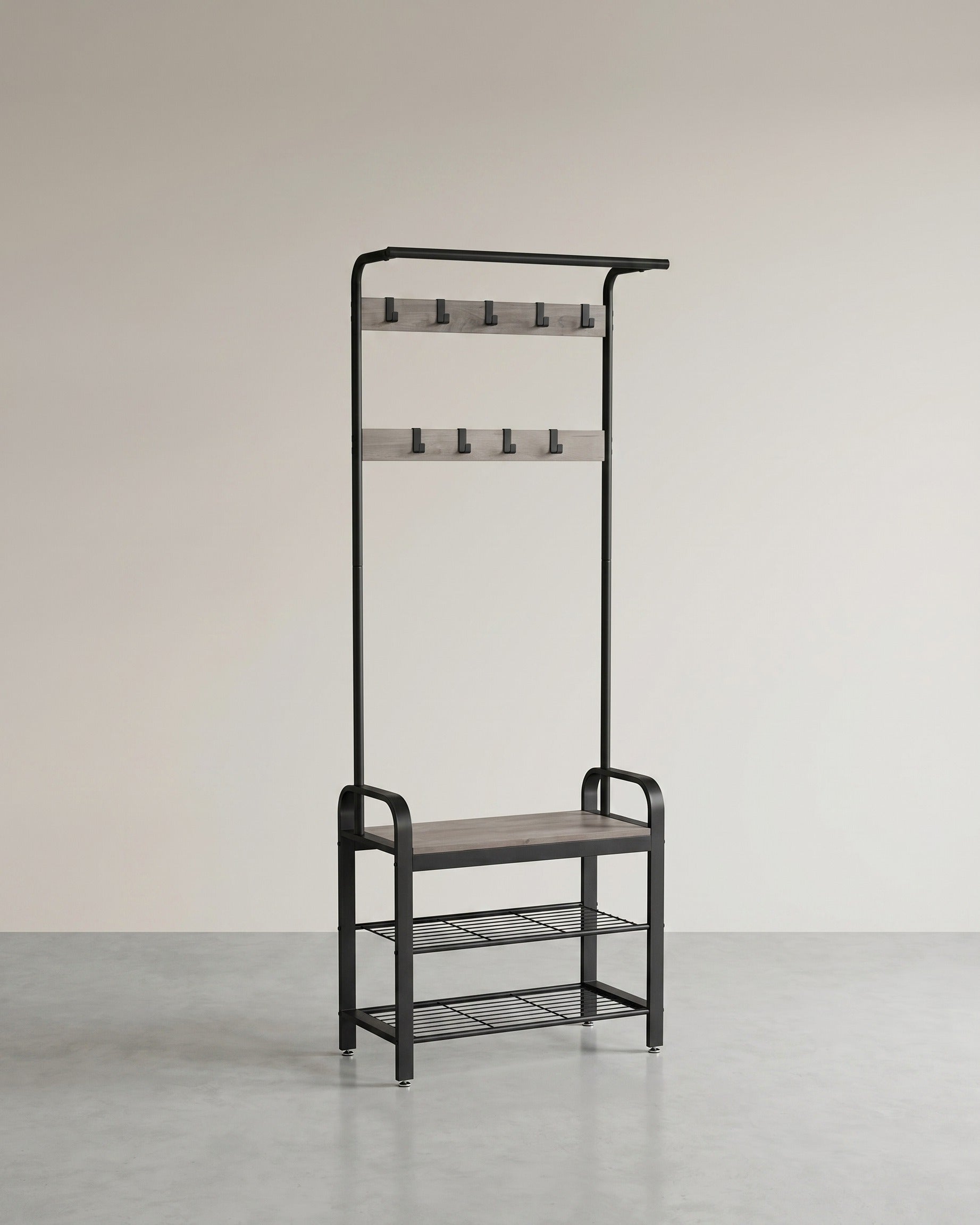 Garderobe mit Schuhregal – Industriedesign – Holz & Metall – Grau