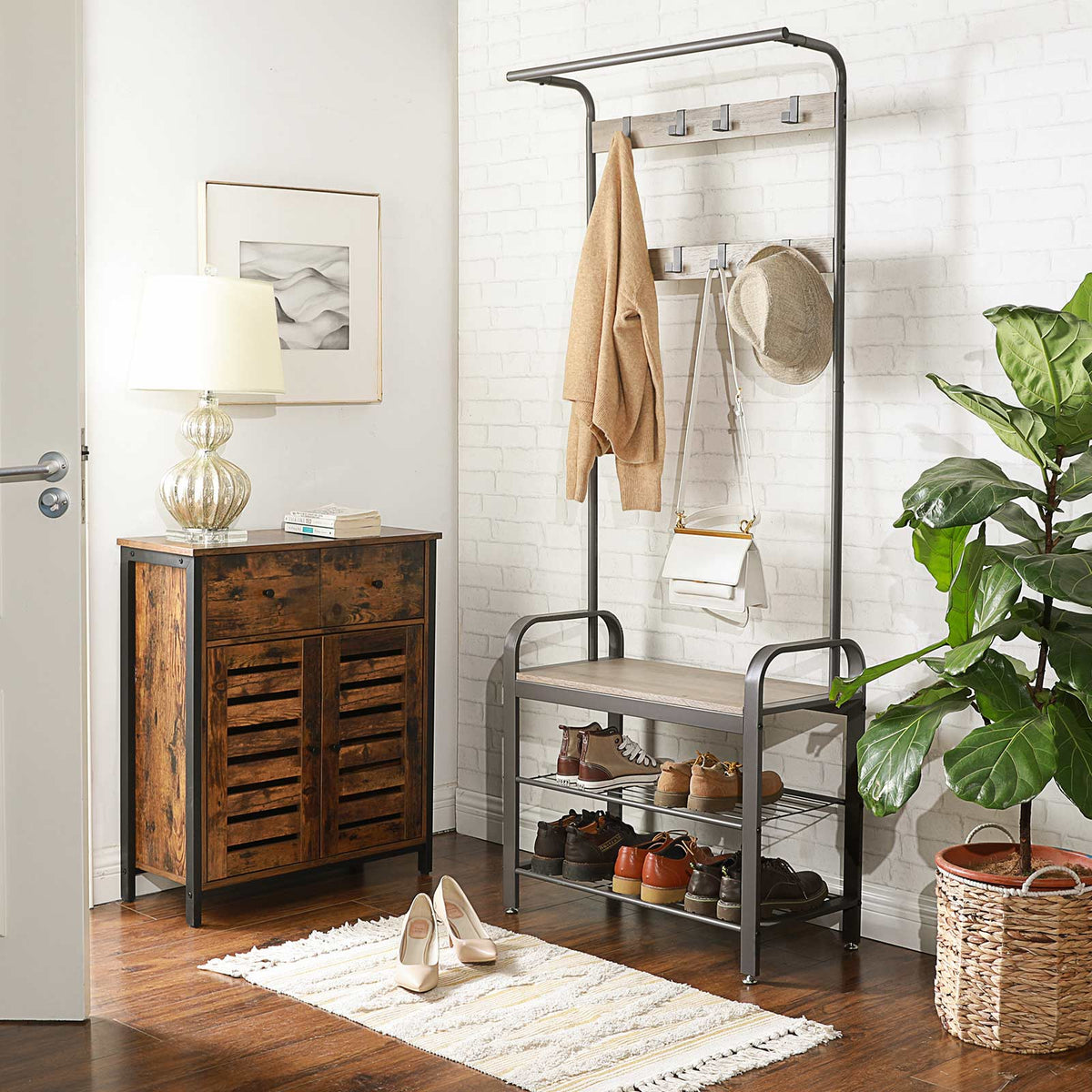 Garderobe mit Schuhregal & Sitzbank – Industriedesign Holz & Metall – 9 Haken + Kleiderstange – Flurmöbel