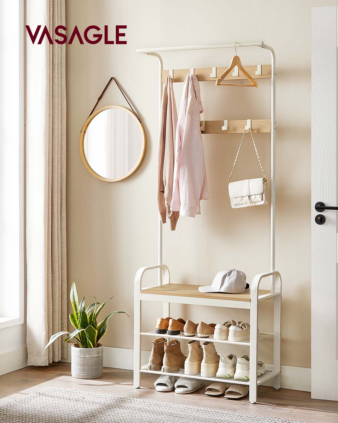 Garderobe mit Schuhregal & Sitzbank – Industriedesign Holz & Metall – 9 Haken + Kleiderstange – Flurmöbel