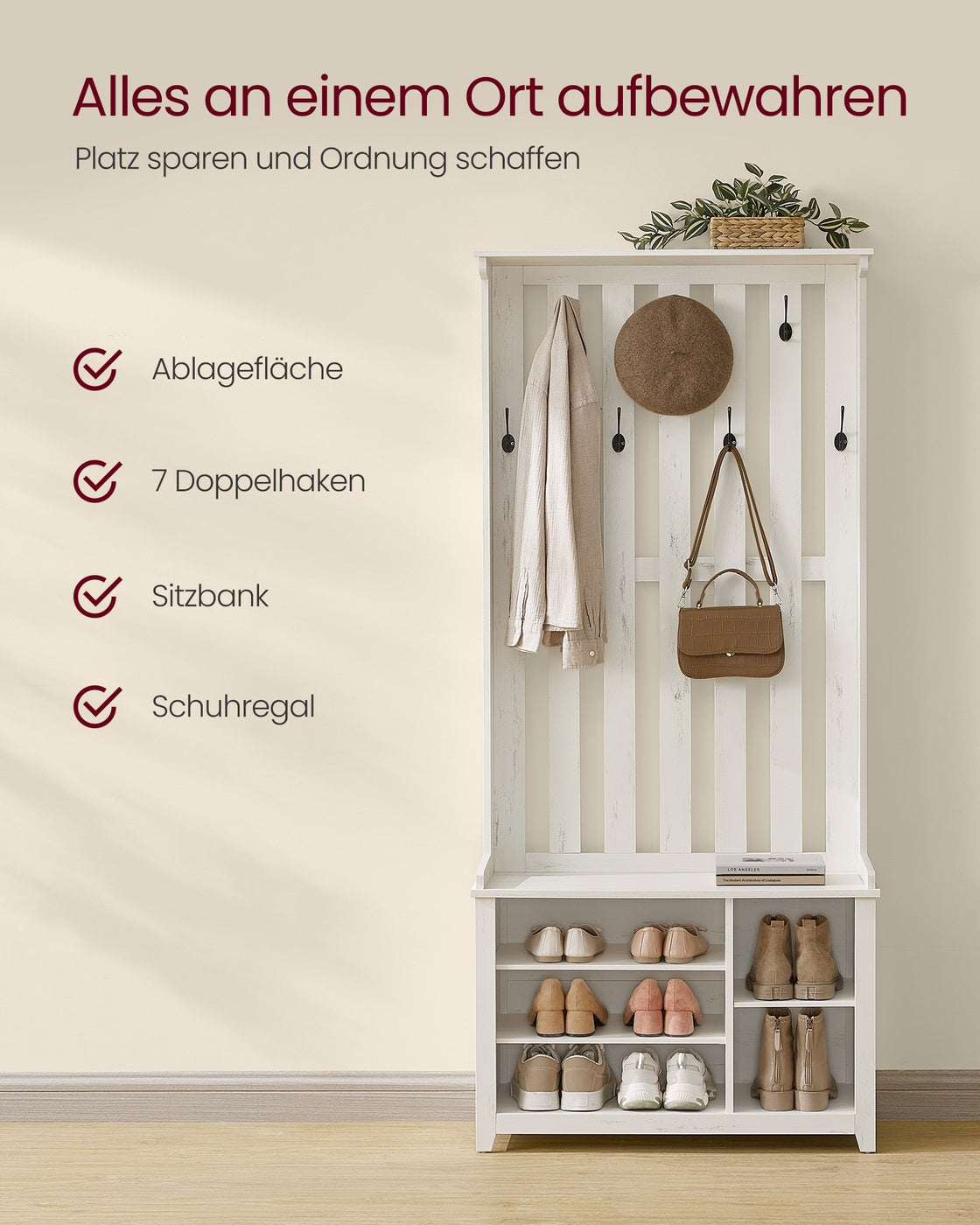 Garderobe mit Schuhregal und Sitzbank - 7 Doppelhaken und verstellbare Ablageflächen