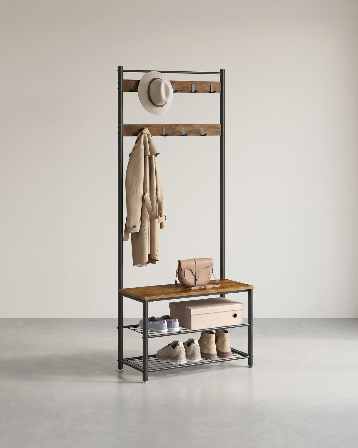 Garderobenständer mit Sitzbank – 3-in-1 Garderobe – Jacken, Schuhe & Sitzbank – 70 x 32 x 175 cm