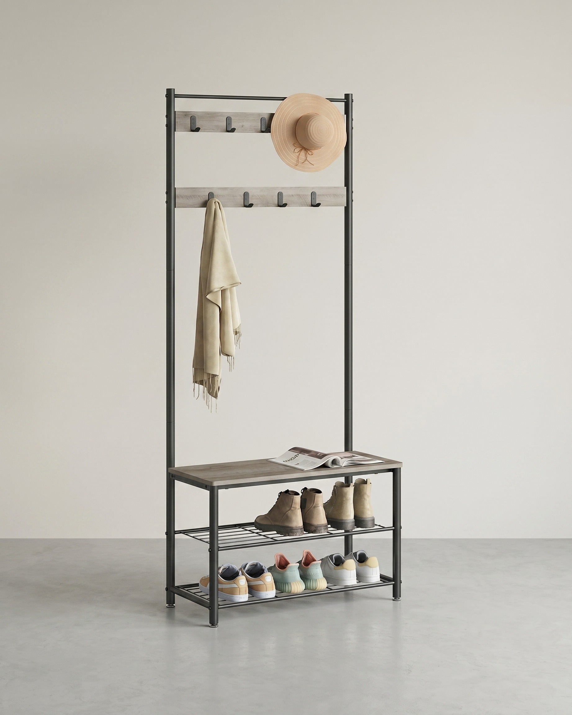 Garderobe im Industriestil mit Sitzbank und Schuhregal – 9 Haken und 2 Ablagen – Grau