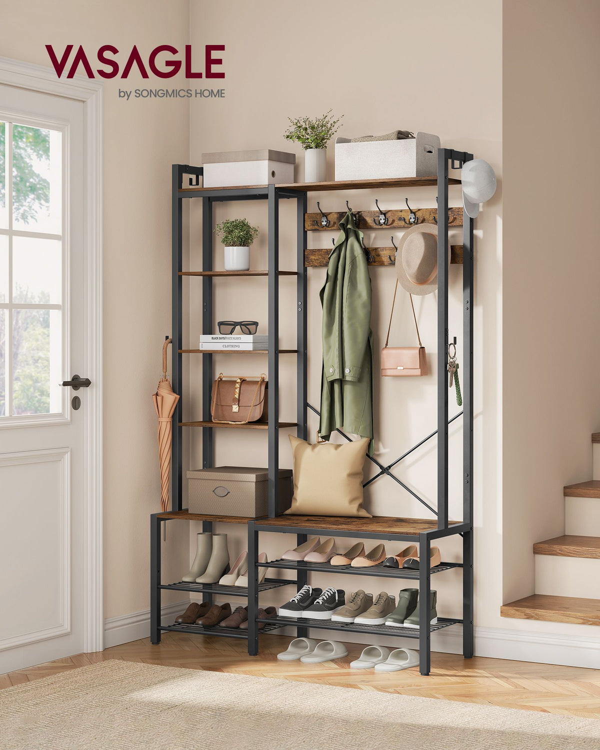 Garderobenständer mit Sitzbank und Schuhregal – 4-in-1-Design – 9 Haken, 5 Ablagen und Stauraum