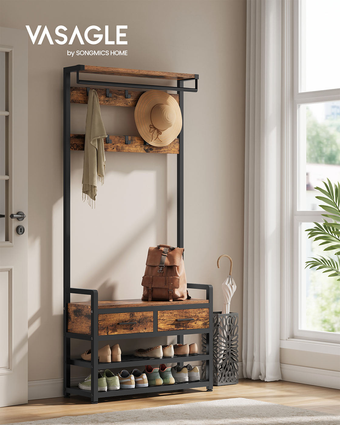 Garderobe mit Schuhregal, Schubladen und Kleiderstange – 6-in-1 Flurmöbel