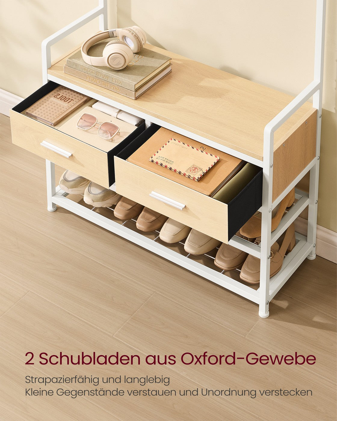 Garderobenständer mit Schuhablage, Schubladen und Kleiderstange – 6-in-1-Flurmöbel – Eiche