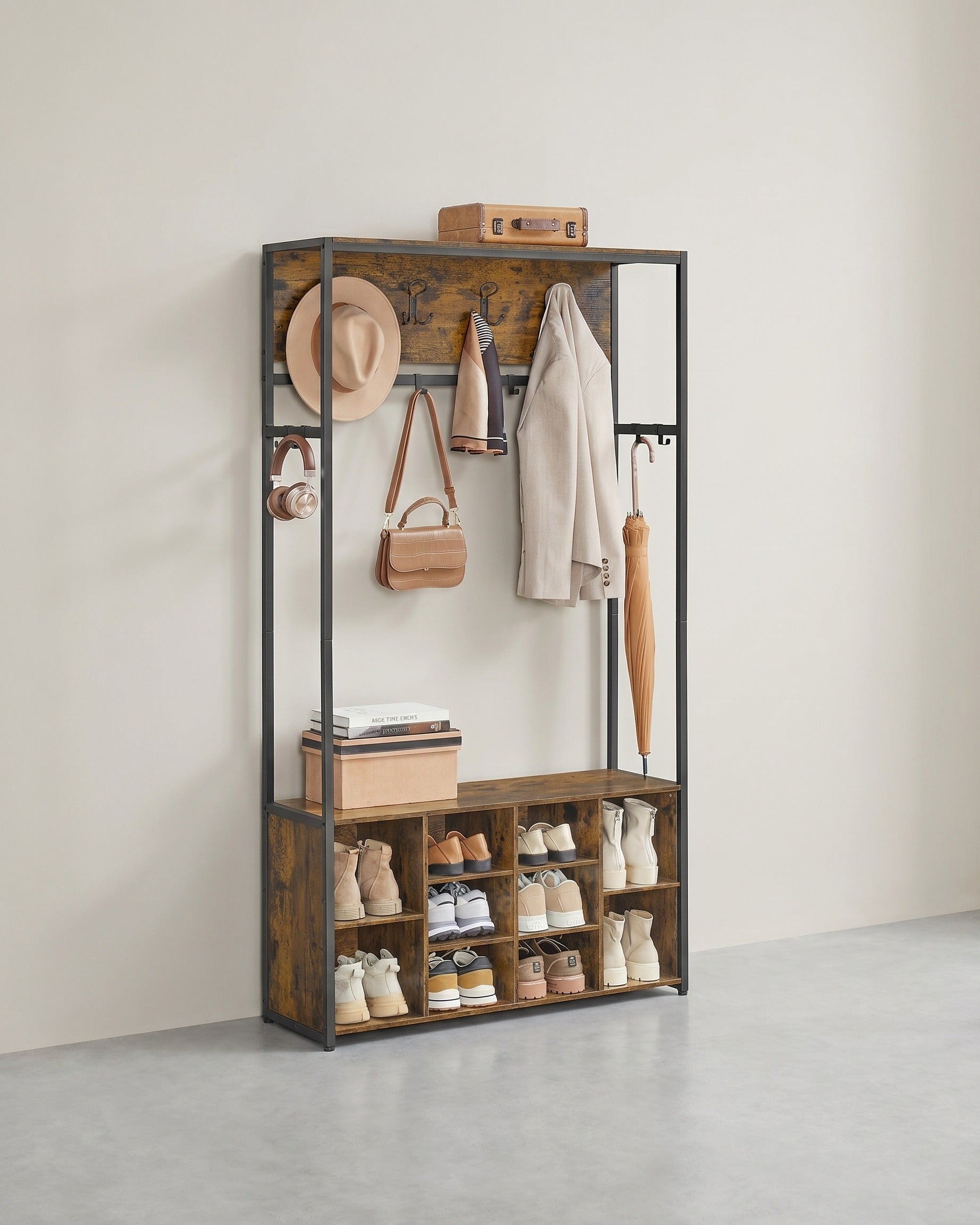Industrielle Garderobe mit Bank und Schuhregal – 4-in-1-Design