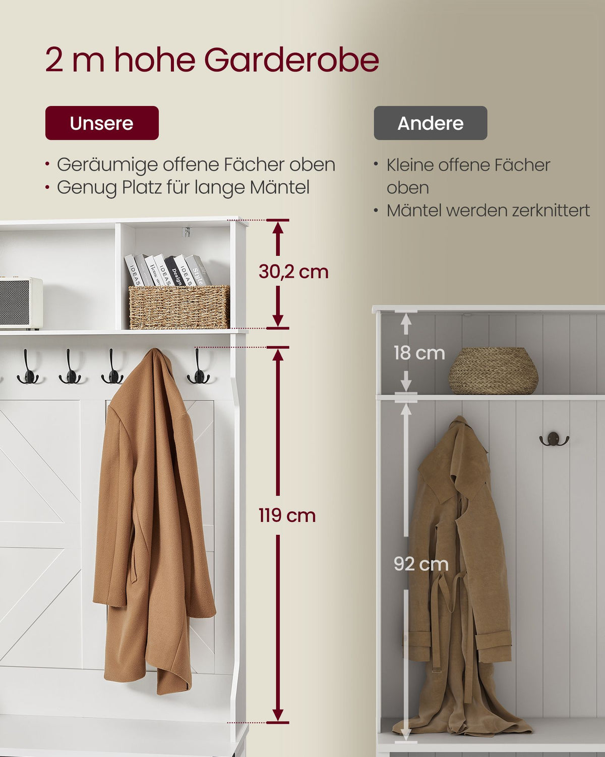 Garderobe mit Schuhregal – 4-in-1-Eingangsmöbel – Bank, Regale und Haken – 130 cm breit – Weiß – Landhausstil