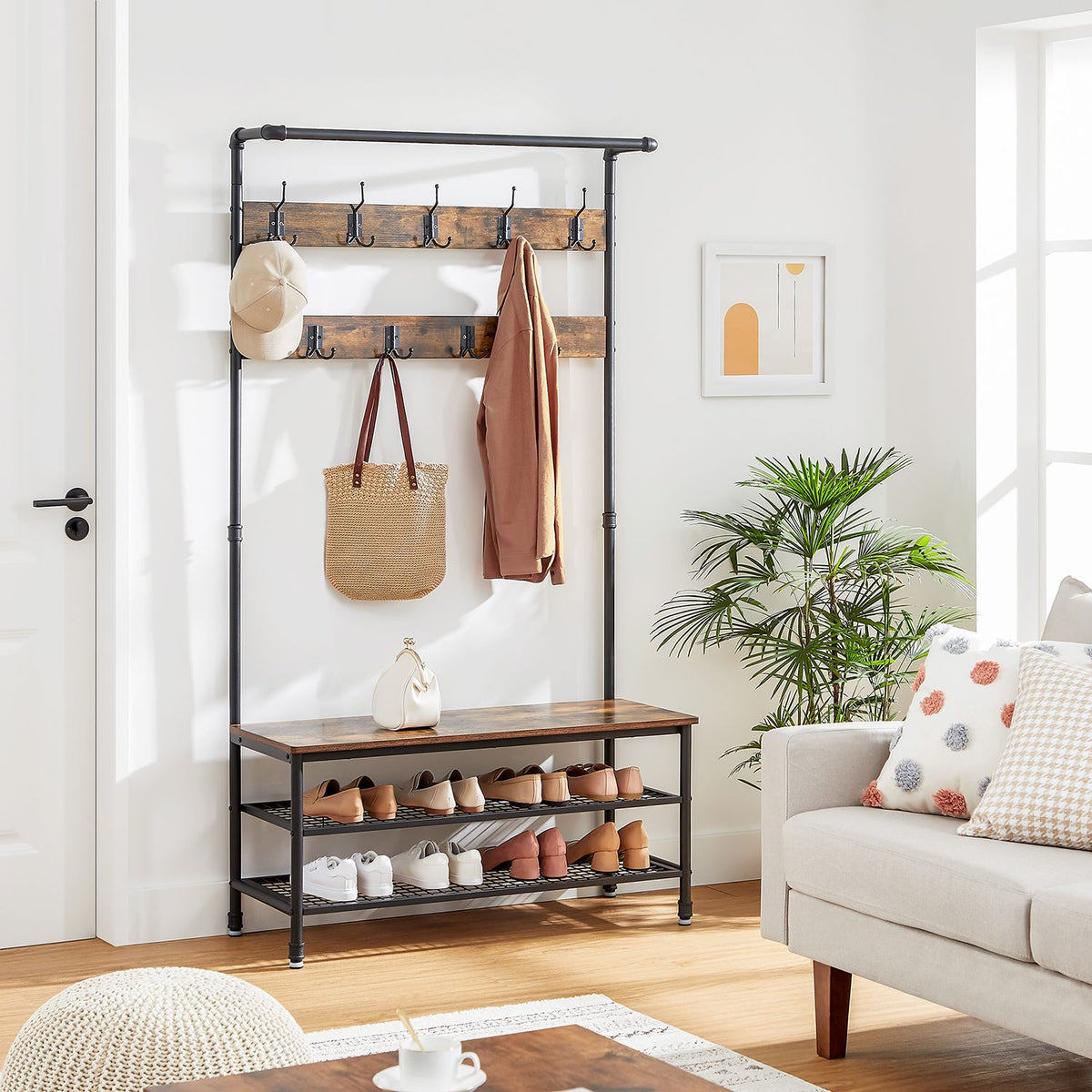 Garderobenständer mit Bank – Industrielles Design – 9 Haken, Kleiderstange und Schuhböden