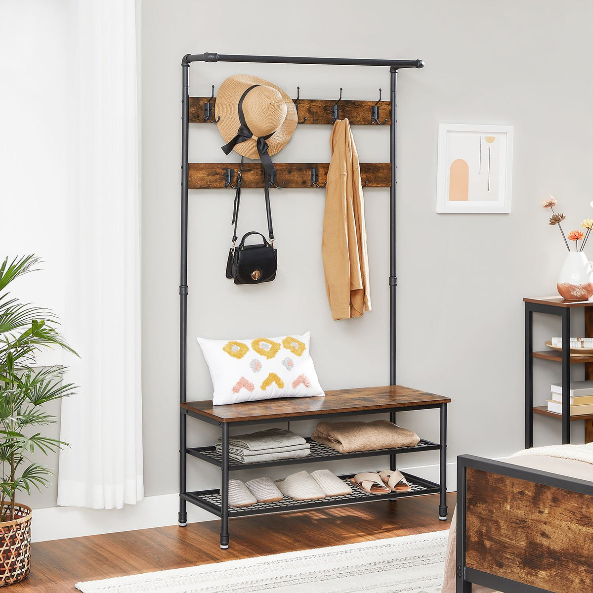 Garderobenständer mit Bank – Industrielles Design – 9 Haken, Kleiderstange und Schuhböden