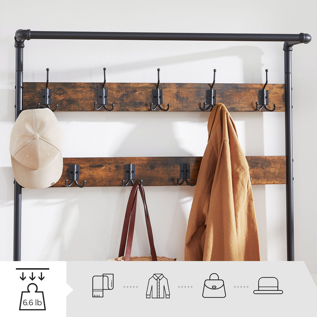 Garderobenständer mit Bank – Industrielles Design – 9 Haken, Kleiderstange und Schuhböden
