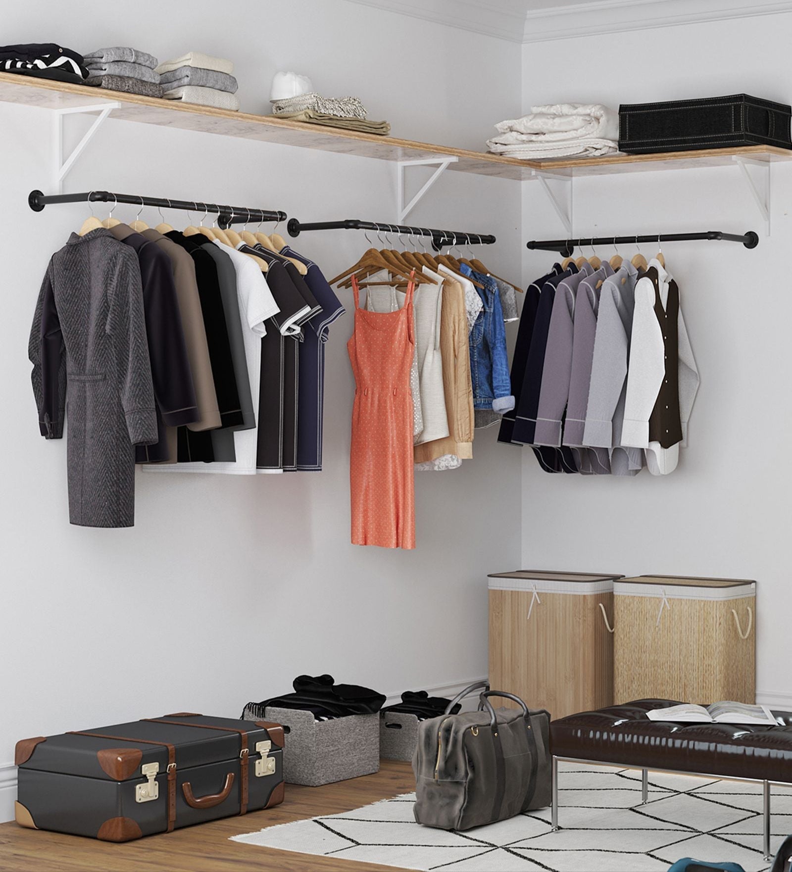 Wandgarderobe Industriell – Set von 2 Kleiderstangen – Schwarze Stahlrohre