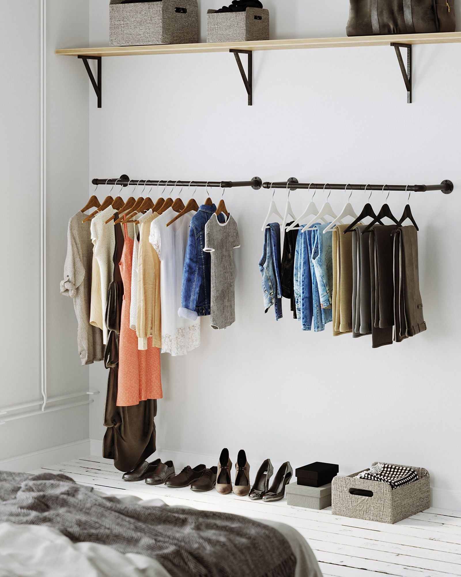 Wandgarderobe Industriell – Set von 2 Kleiderstangen – Schwarze Stahlrohre