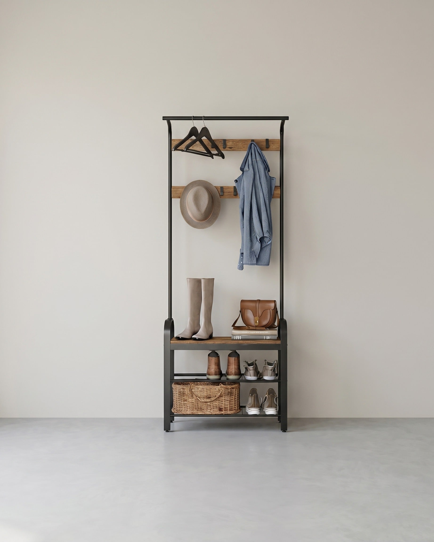 Garderobenständer 4-in-1 – Garderobenständer + Kleiderstange + Sitzbank + Schuhregal – Industrieller Stahl & Holz – Flurmöbel