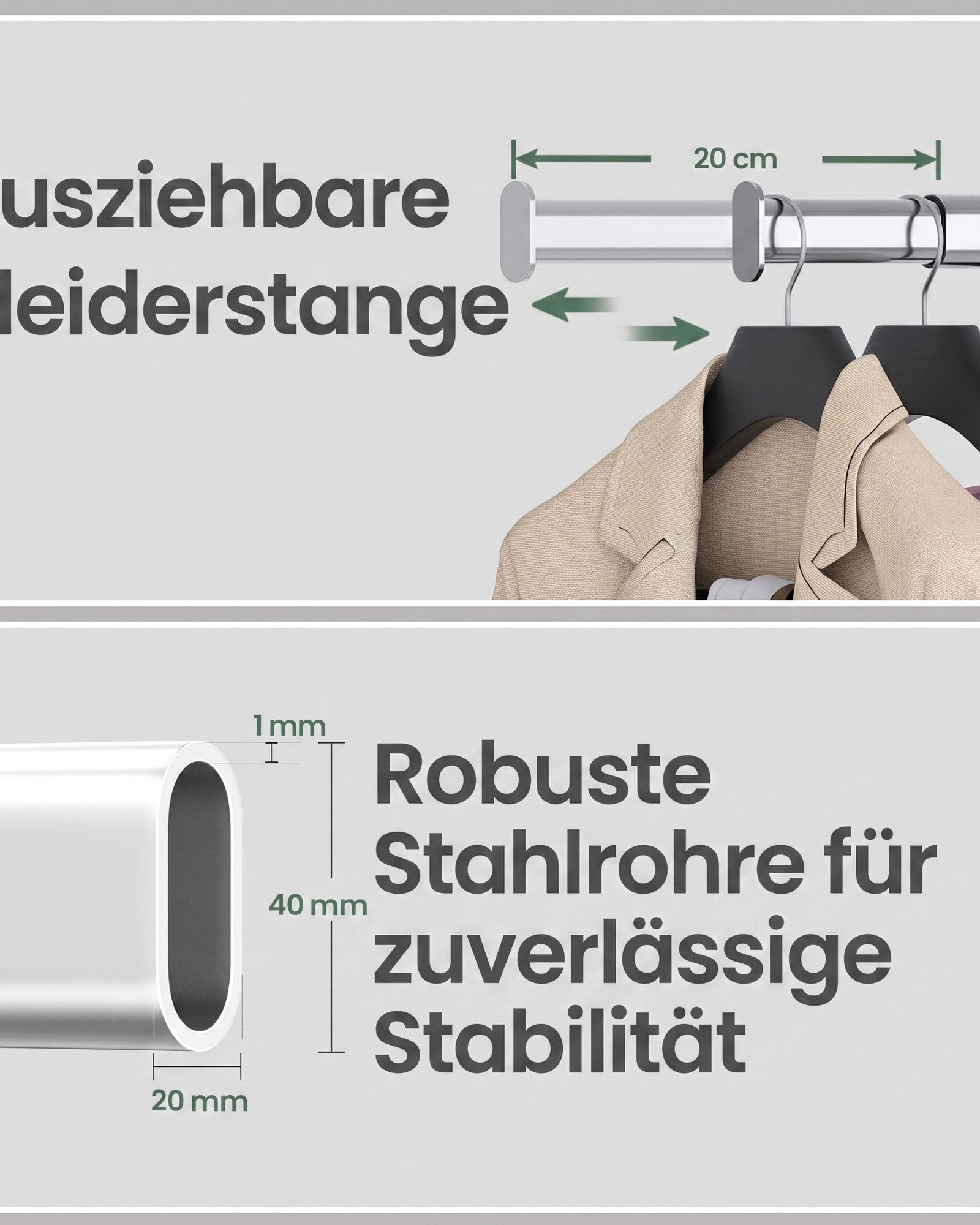 Kleiderständer auf Rollen – ausziehbar – Tragkraft 130 kg – Stahlrohre – feststellbare Rollen