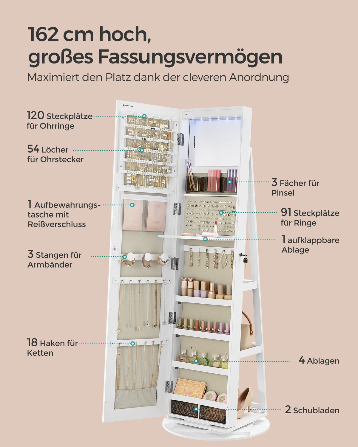 Schmuckschrank mit Spiegel – 360° drehbar – abschließbar – Stand-Schmuckorganizer für das Schlafzimmer
