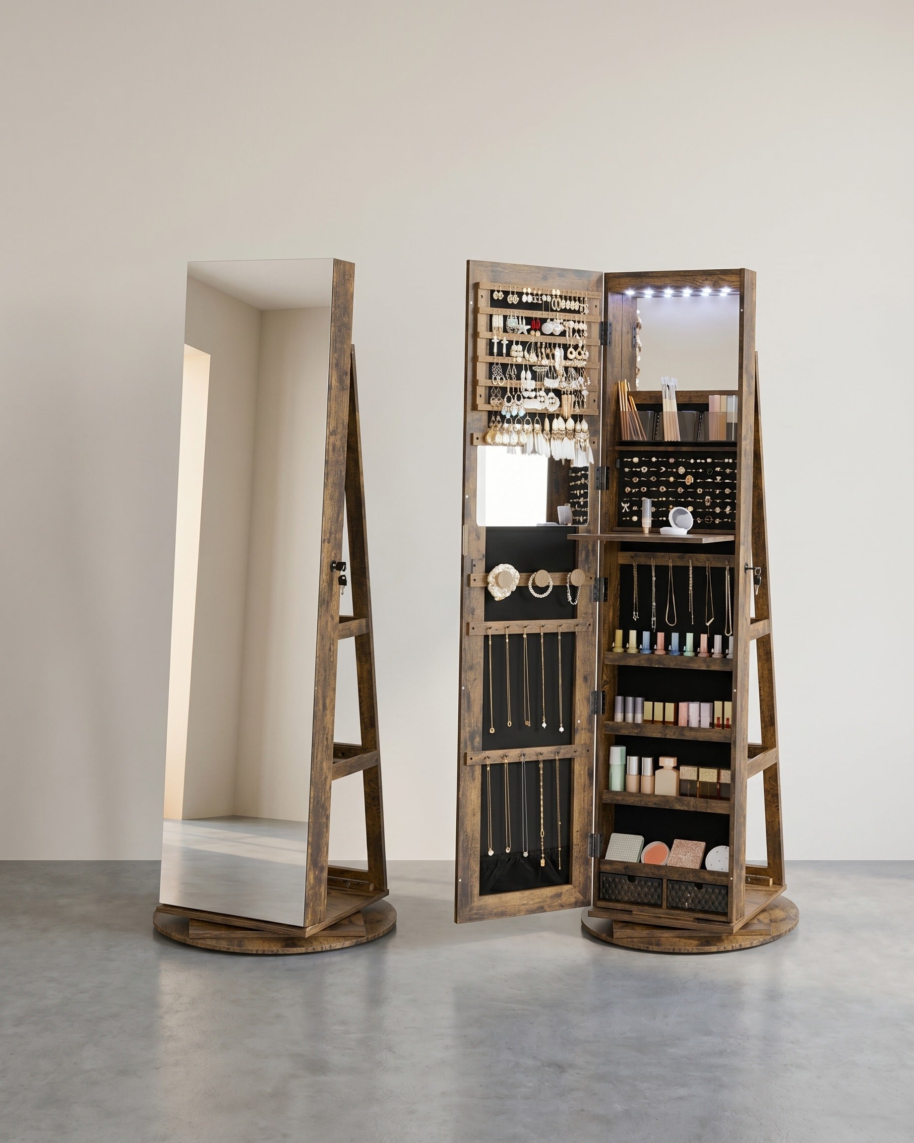 Schmuckschrank mit Spiegel - 360º drehbar - mit Schloss – Braun