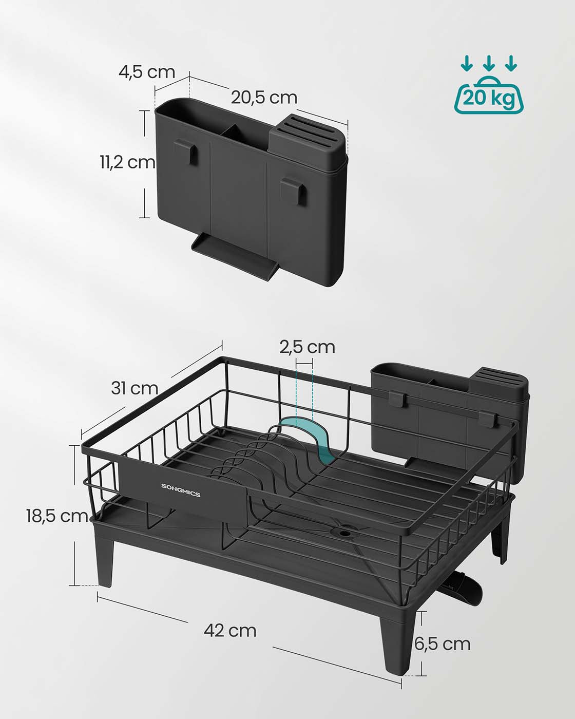 Abtropfgestell mit Besteckhalter – 31 x 42 cm – Rostbeständig – 360° drehbarer Wasserablauf