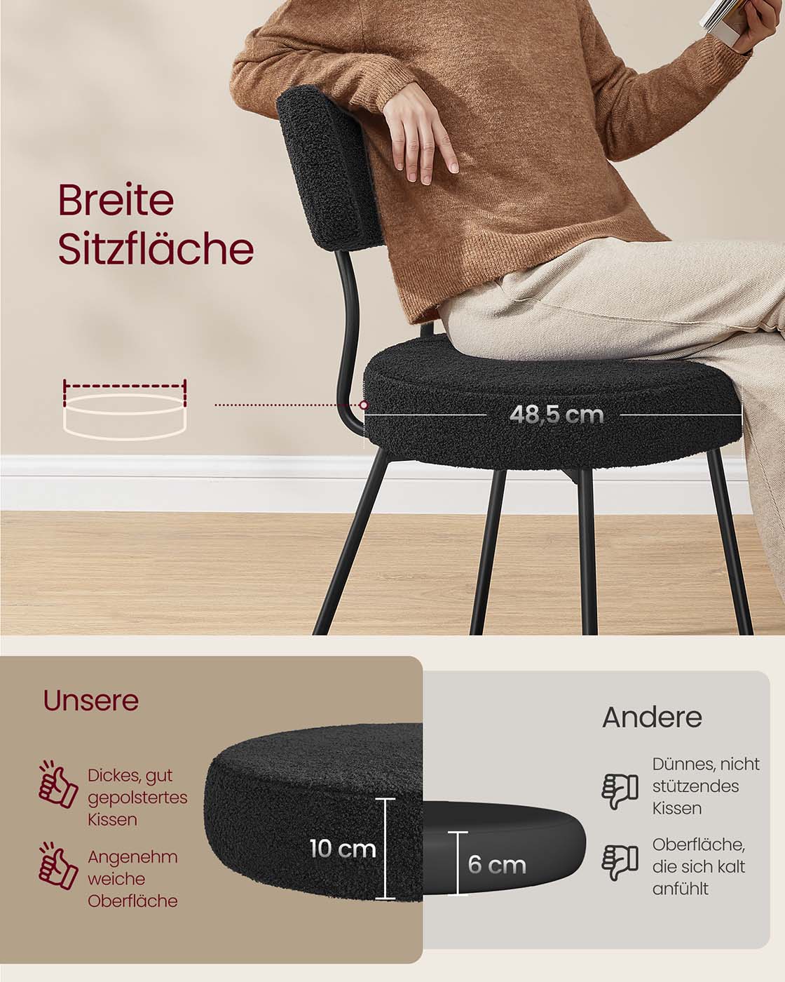 Moderne Esszimmerstühle – 2er-Set – Mit Vlies gepolstert – Runde Sitzfläche mit Rückenlehne