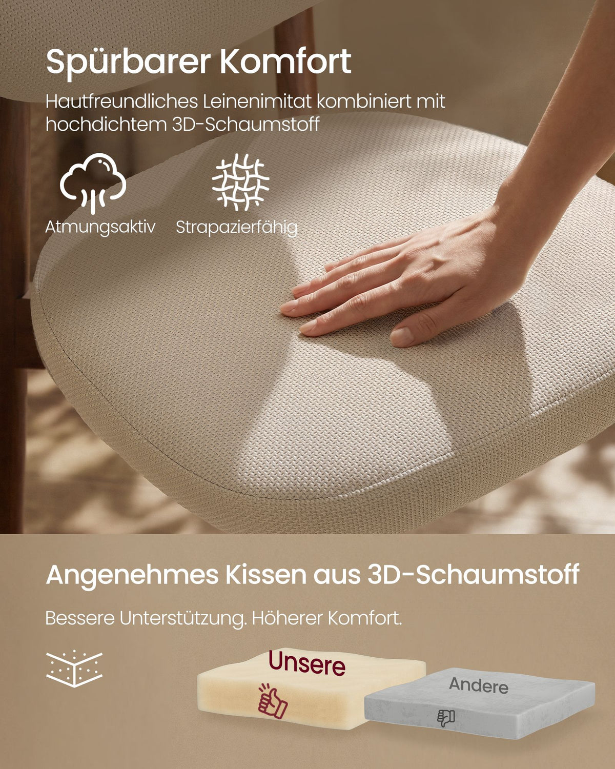 Esszimmerstühle 2er-Set - Gepolstert mit Massivholzbeinen - Japandi