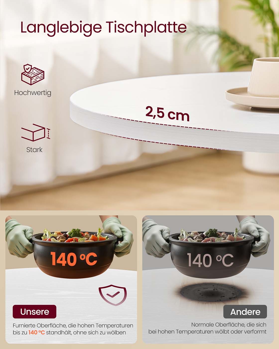 Runder Esstisch Ø 80 cm – Moderner Landhausstil – Hitzebeständig & Wasserabweisend