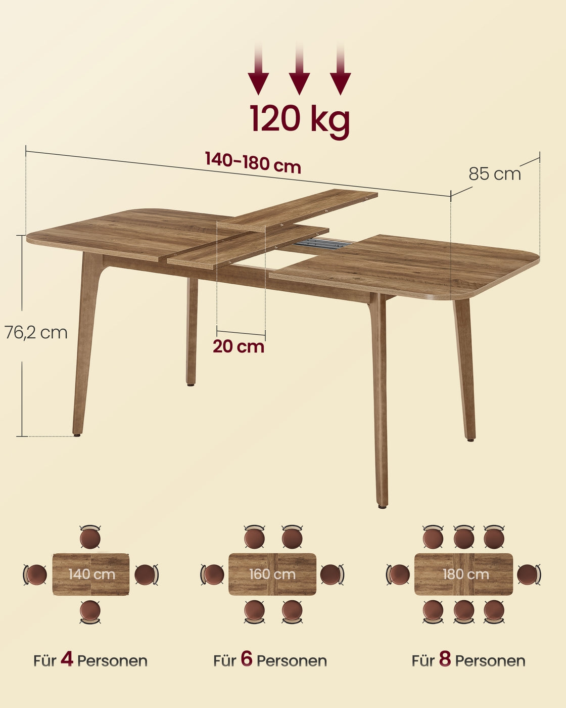 Esstisch Ausziehbar - Verlängerbare Tischplatte Bis 180 cm - Für Esszimmer Und Küche